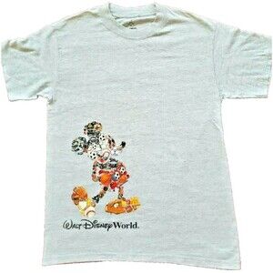 Vintage Walt Disney World Parks Mickey Mouse Sports Mosaic T-Shirt Gray Small
